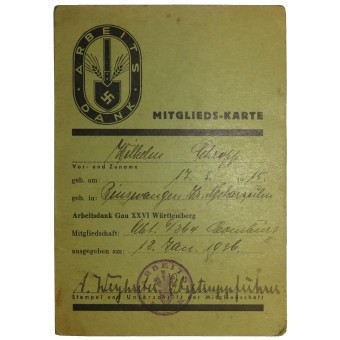 Tarjeta de miembro RAD Arbeitsdank: Mitglieds-Karte. Espenlaub militaria